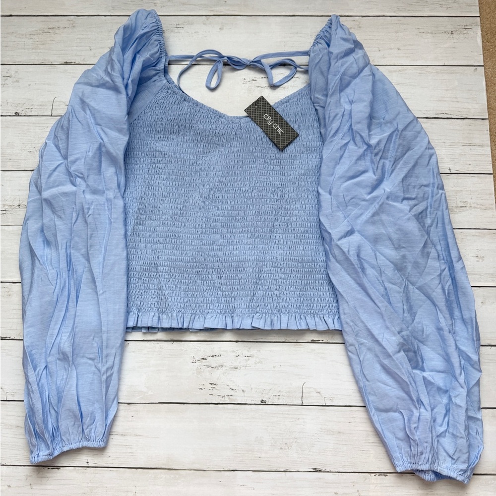 City Chic Blue Smocked Crop Top Puff Sleeve Cottagecore Coquette Blouse L NWT